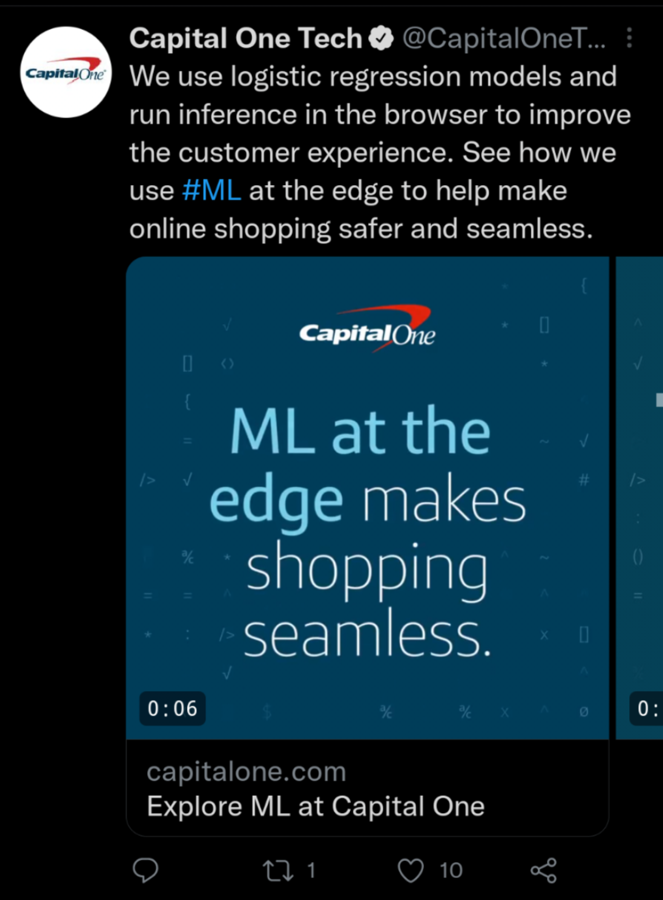 Capital One tweet: we use logistic regression models and run inference in the browser to improve the customer experience.