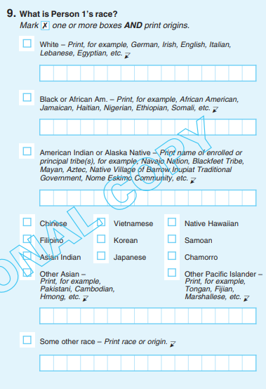 2020 U.S. Census form question on race, with check boxes for many categories.