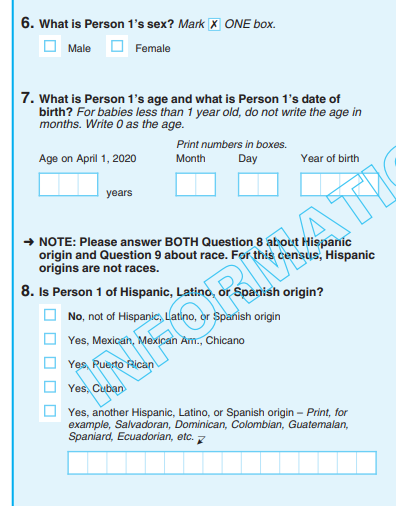 2020 U.S. Census form questions on sex, age, and Hispanic origin.