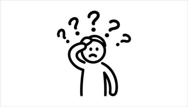 Cartoon of a confused person surrounded by question marks.