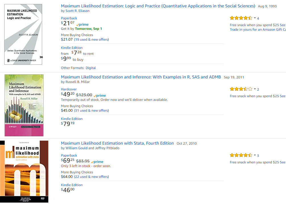 Book listings for maximum likelihood estimation titles.