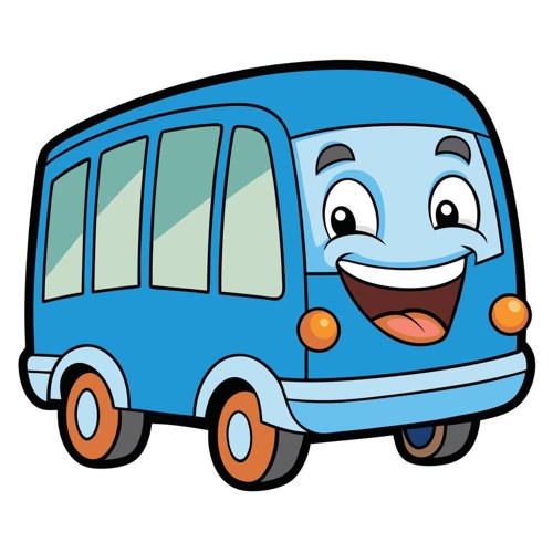 Cartoon of a smiling blue bus.